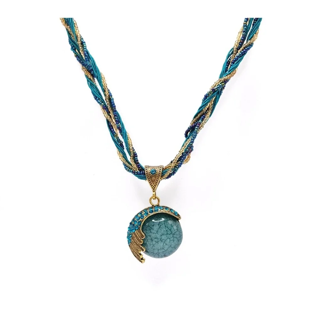 Turquoise Cord Necklace Blue Orb Pendant Crystal Crescent Statement Coastal Glam